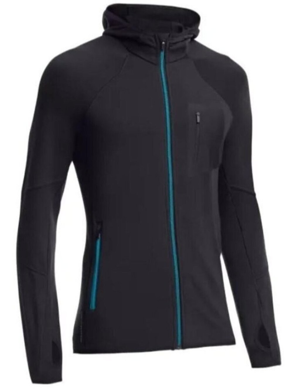 Icebreaker Merino Black Atom LS Full Zip Hooded Sweater - Medium *flaws / holes*